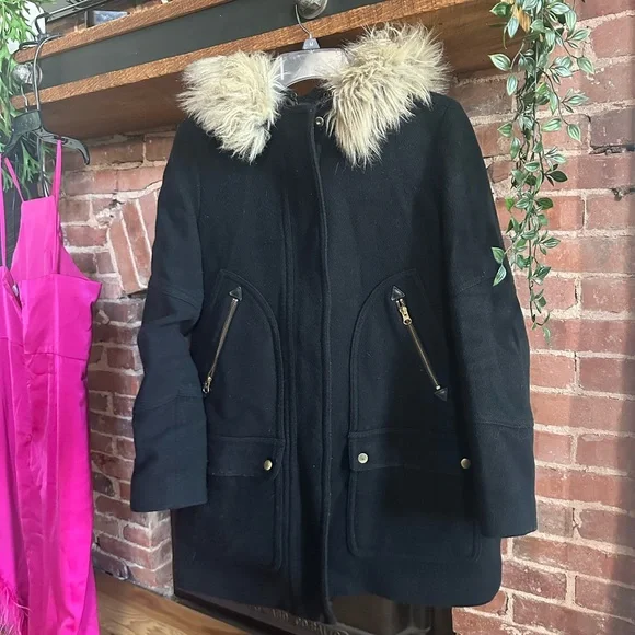 J. CREW Chateau Parka Wool Faux Fur Coat, Size 6 Black Stadium Cloth Nello Gori - Picture 5 of 10
